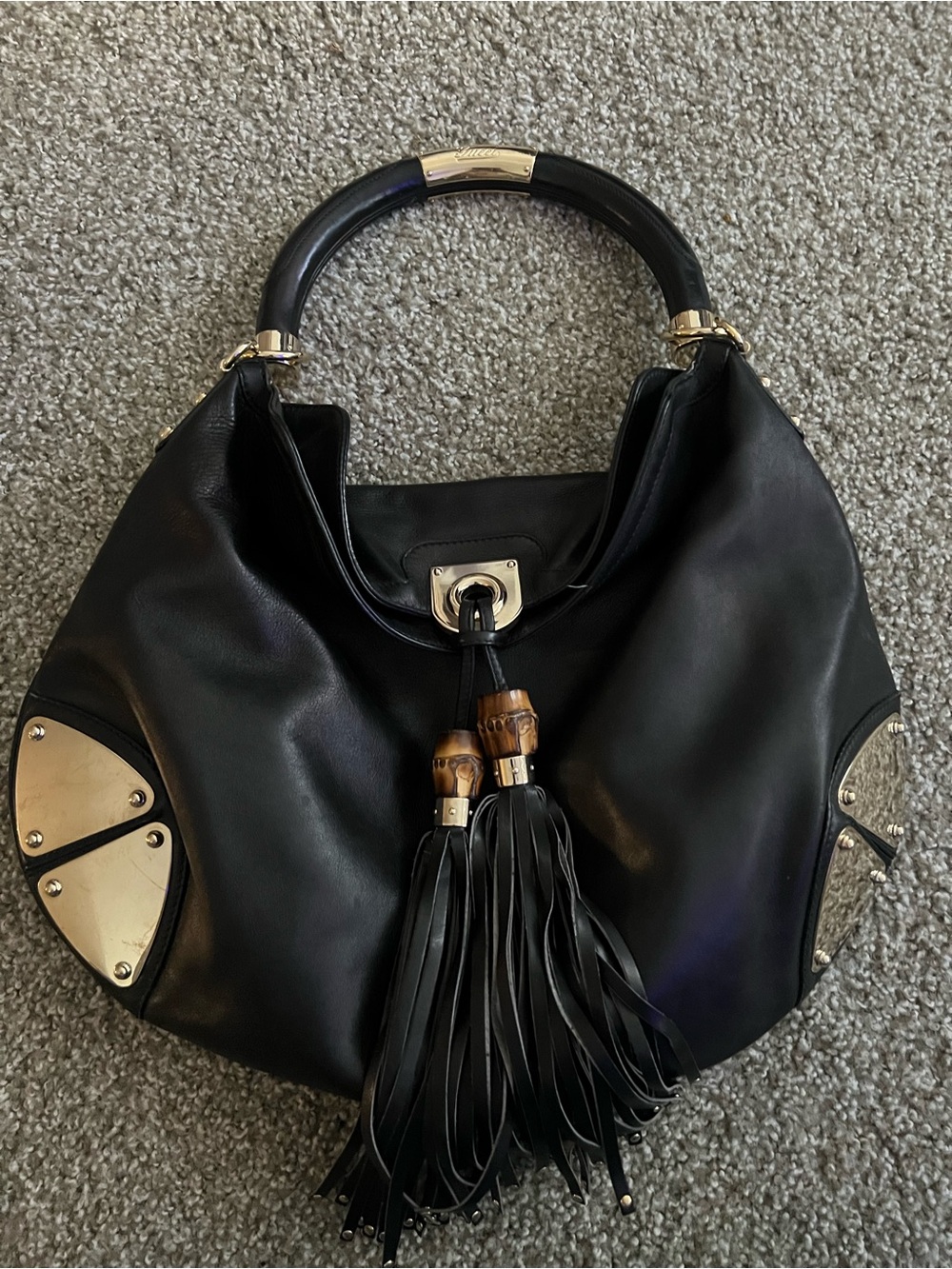 Gucci Black Leather Hobo with Gold Hardware and Tassels